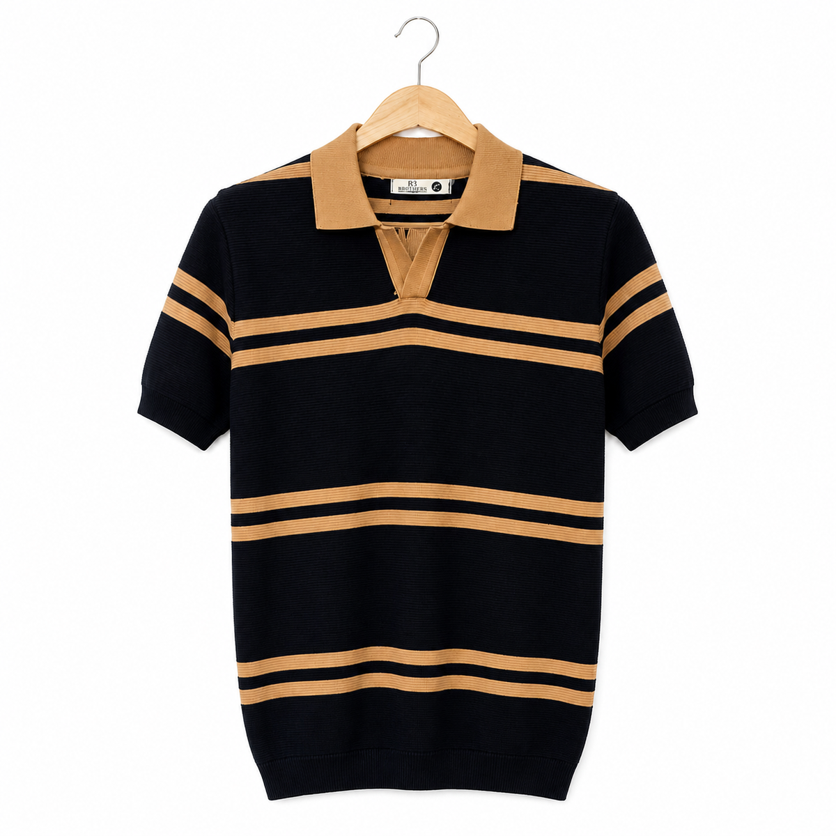WEELZ Contrast V-Neck Knit Polo — Black & Camel, front hanging view