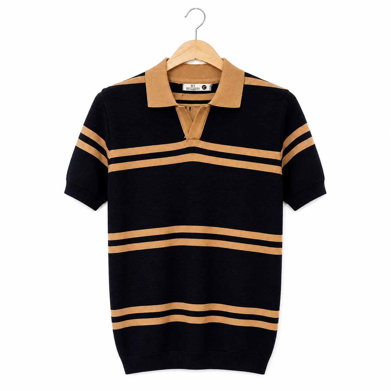 WEELZ Contrast V-Neck Knit Polo — Black & Camel, front hanging view