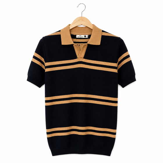 WEELZ Contrast V-Neck Knit Polo — Black & Camel, front hanging view