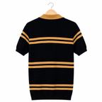 WEELZ Contrast V-Neck Knit Polo — Black & Camel, back hanging view