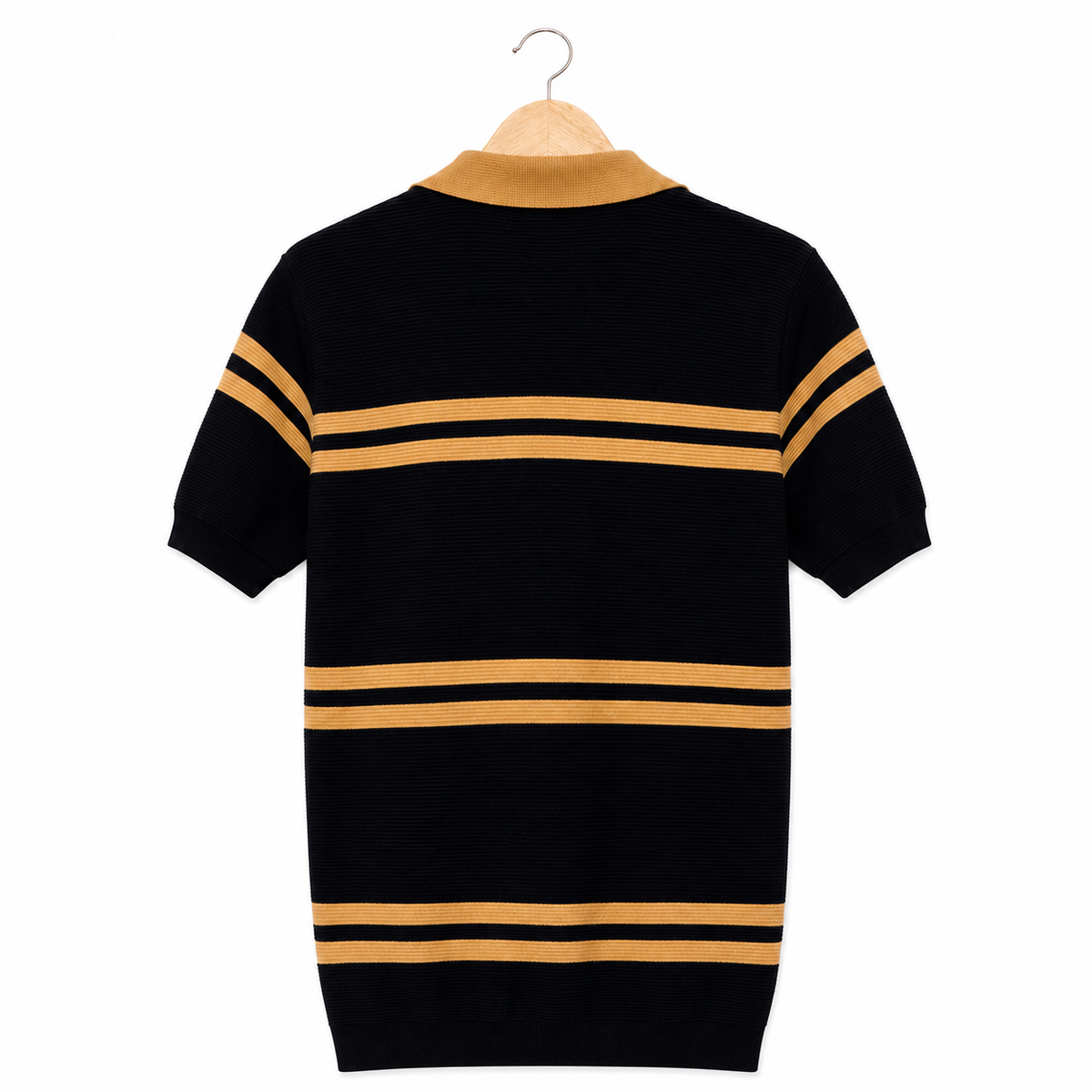 WEELZ Contrast V-Neck Knit Polo — Black & Camel, back hanging view