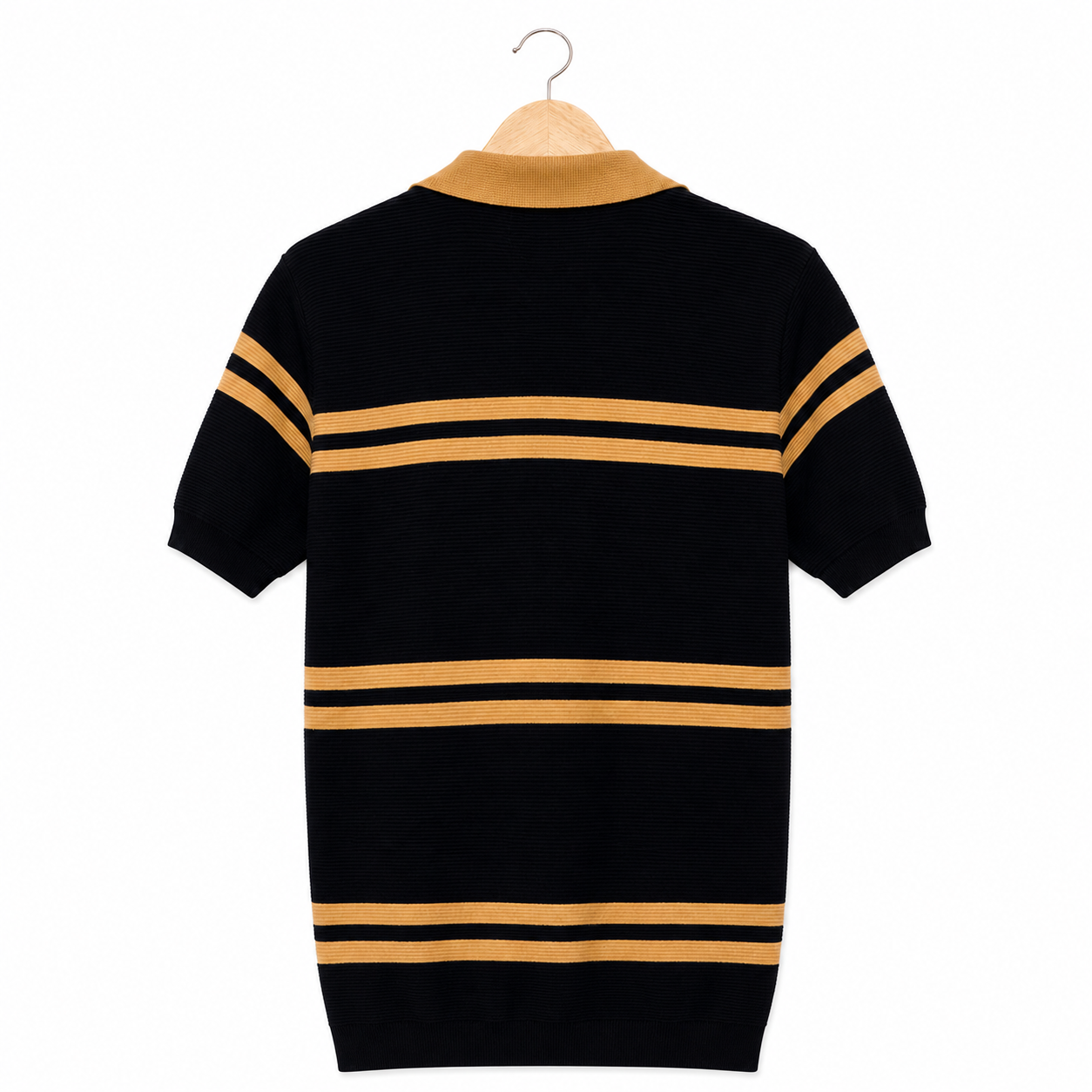 WEELZ Contrast V-Neck Knit Polo — Black & Camel, back hanging view