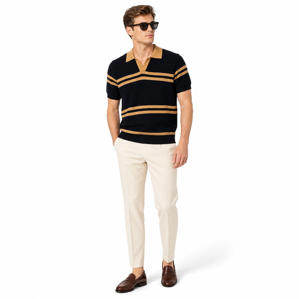 WEELZ Contrast V-Neck Knit Polo — Black & Camel, model with cream trousers