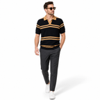 WEELZ Contrast V-Neck Knit Polo — Black & Camel, model with charcoal trousers