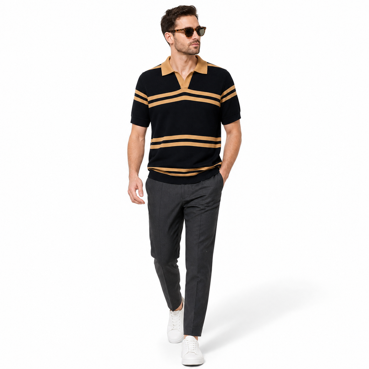 WEELZ Contrast V-Neck Knit Polo — Black & Camel, model with charcoal trousers