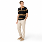 WEELZ Contrast V-Neck Knit Polo — Black & Camel, model with linen trousers