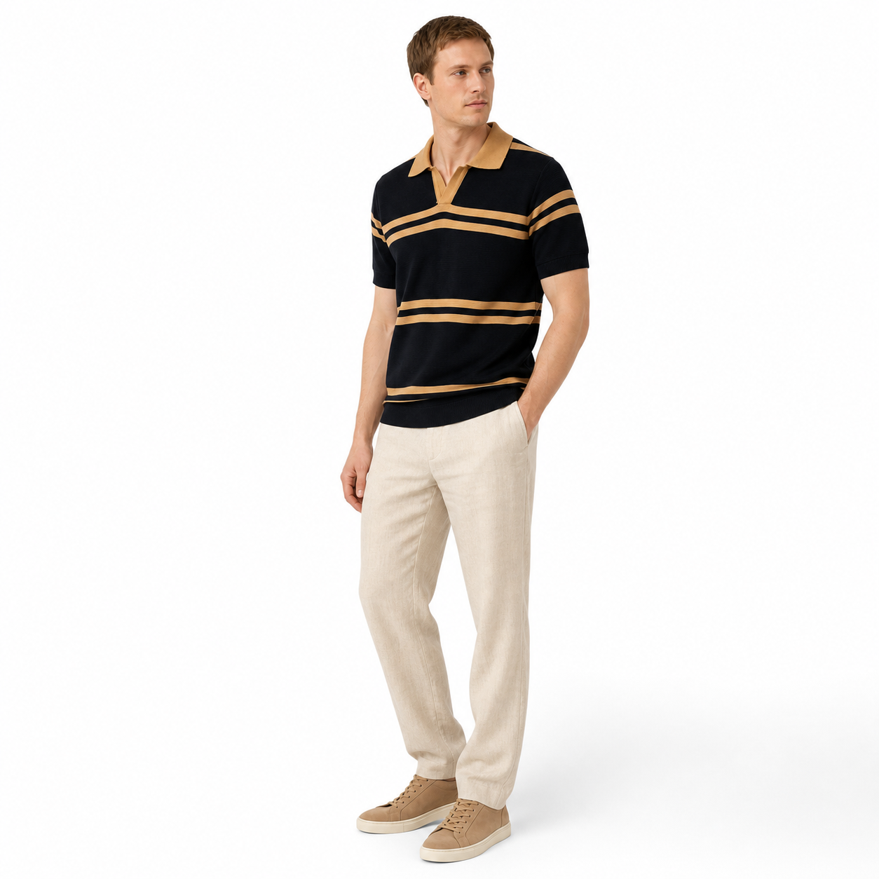WEELZ Contrast V-Neck Knit Polo — Black & Camel, model with linen trousers