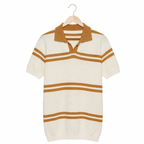 WEELZ Contrast V-Neck Knit Polo — Off-White & Camel, front hanging view