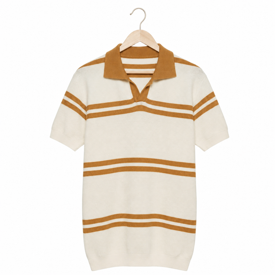 WEELZ Contrast V-Neck Knit Polo — Off-White & Camel, front hanging view
