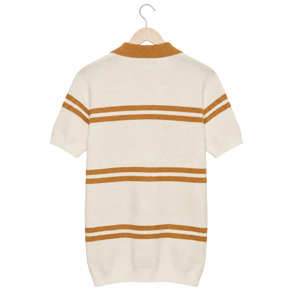 WEELZ Contrast V-Neck Knit Polo — Off-White & Camel, back hanging view
