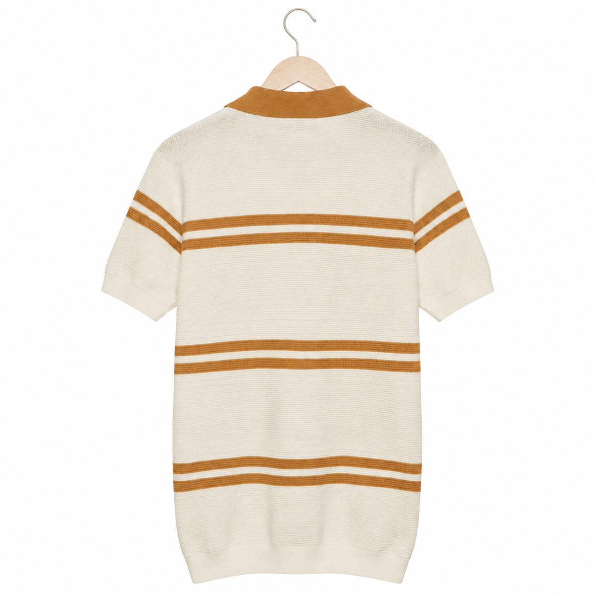 WEELZ Contrast V-Neck Knit Polo — Off-White & Camel, back hanging view