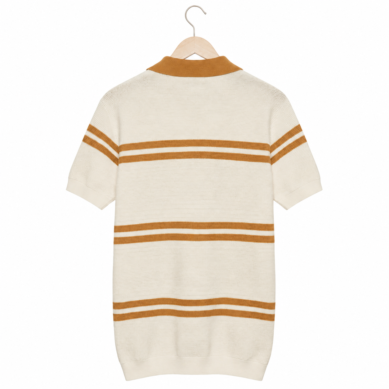 WEELZ Contrast V-Neck Knit Polo — Off-White & Camel, back hanging view