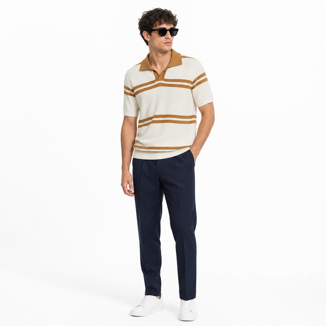 WEELZ Contrast V-Neck Knit Polo — Off-White & Camel, model with navy trousers