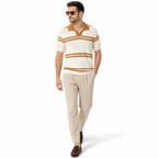 WEELZ Contrast V-Neck Knit Polo — Off-White & Camel, model with beige trousers