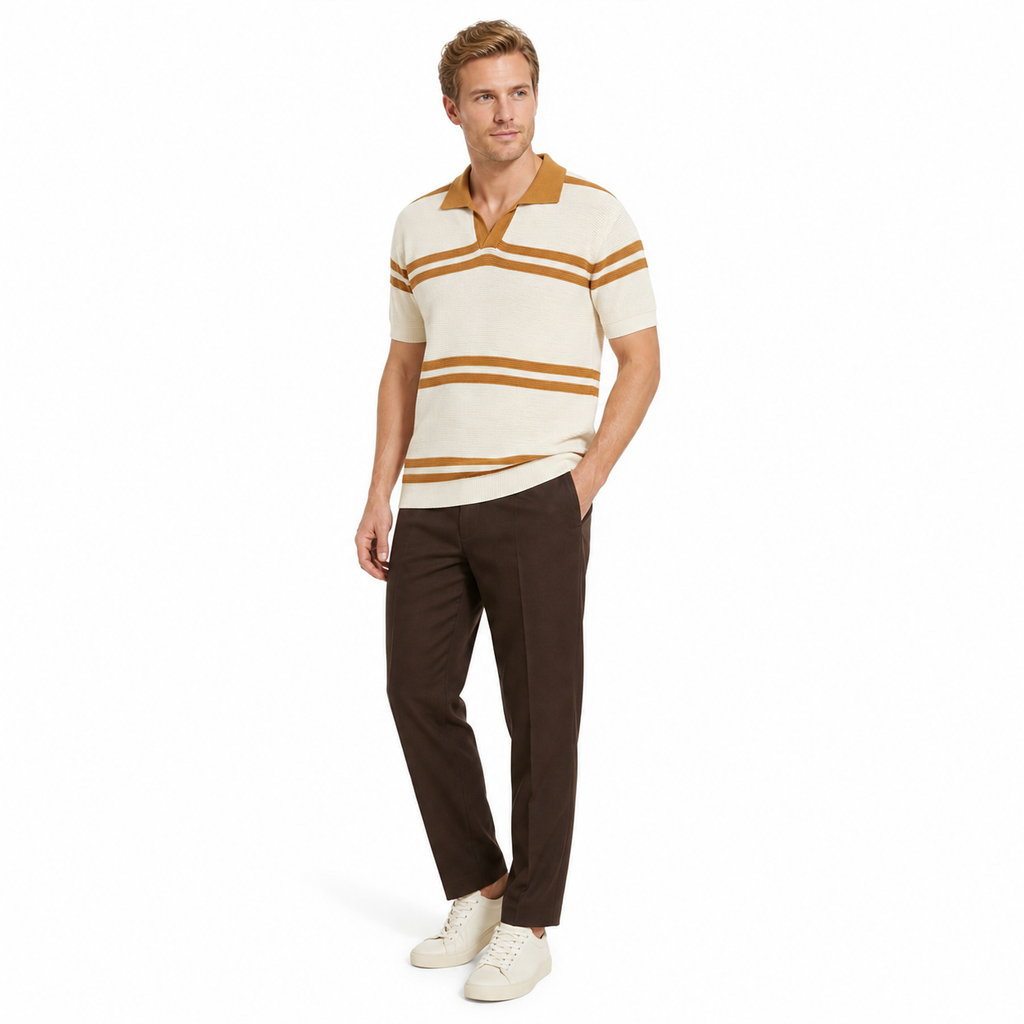 WEELZ Contrast V-Neck Knit Polo — Off-White & Camel, model with brown trousers