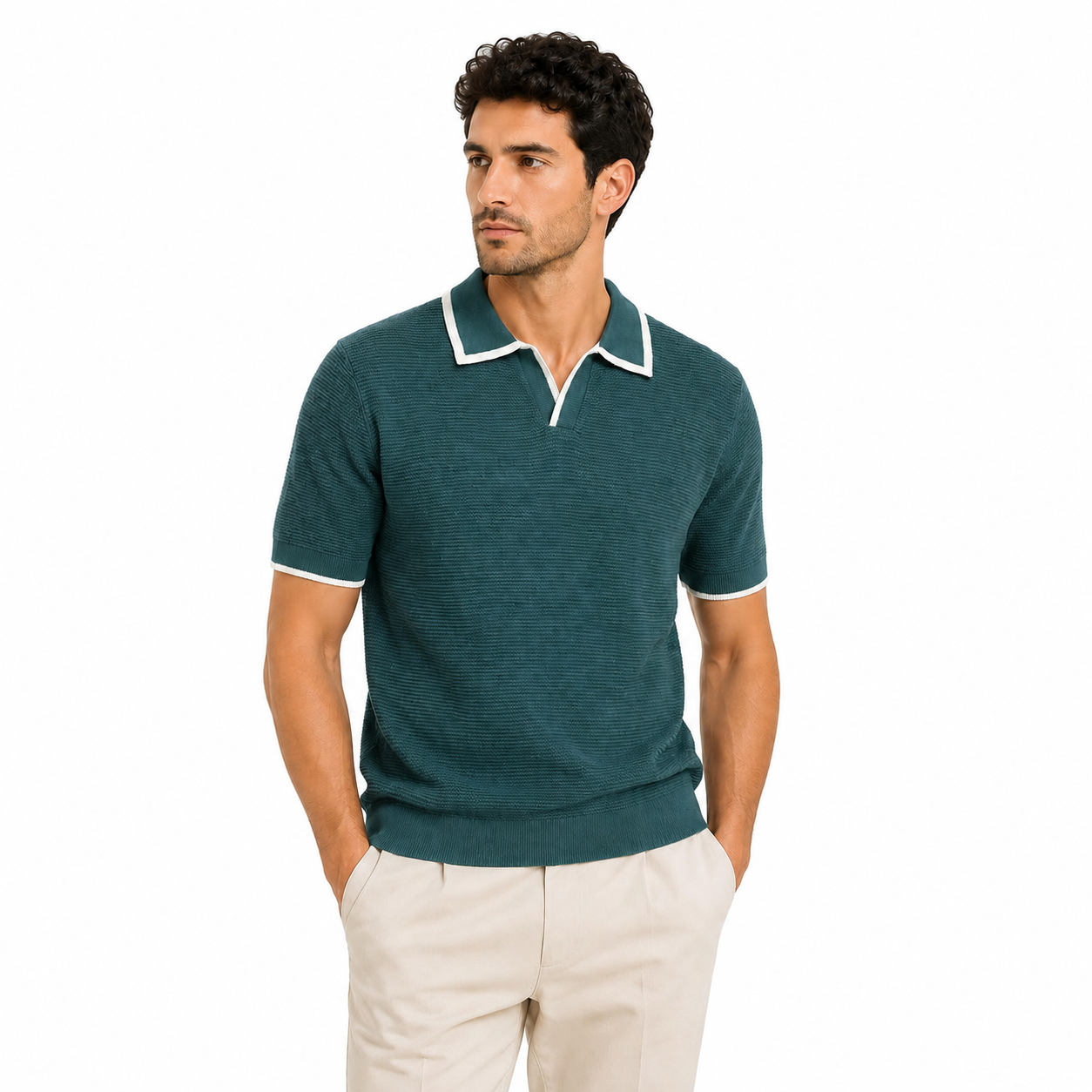 WEELZ Contrast V-Neck Knit Polo - Green - view 3