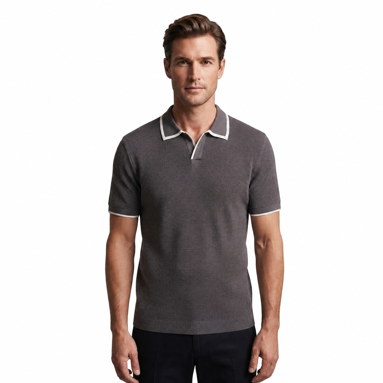WEELZ Contrast V-Neck Knit Polo - Charcoal Grey - view 1