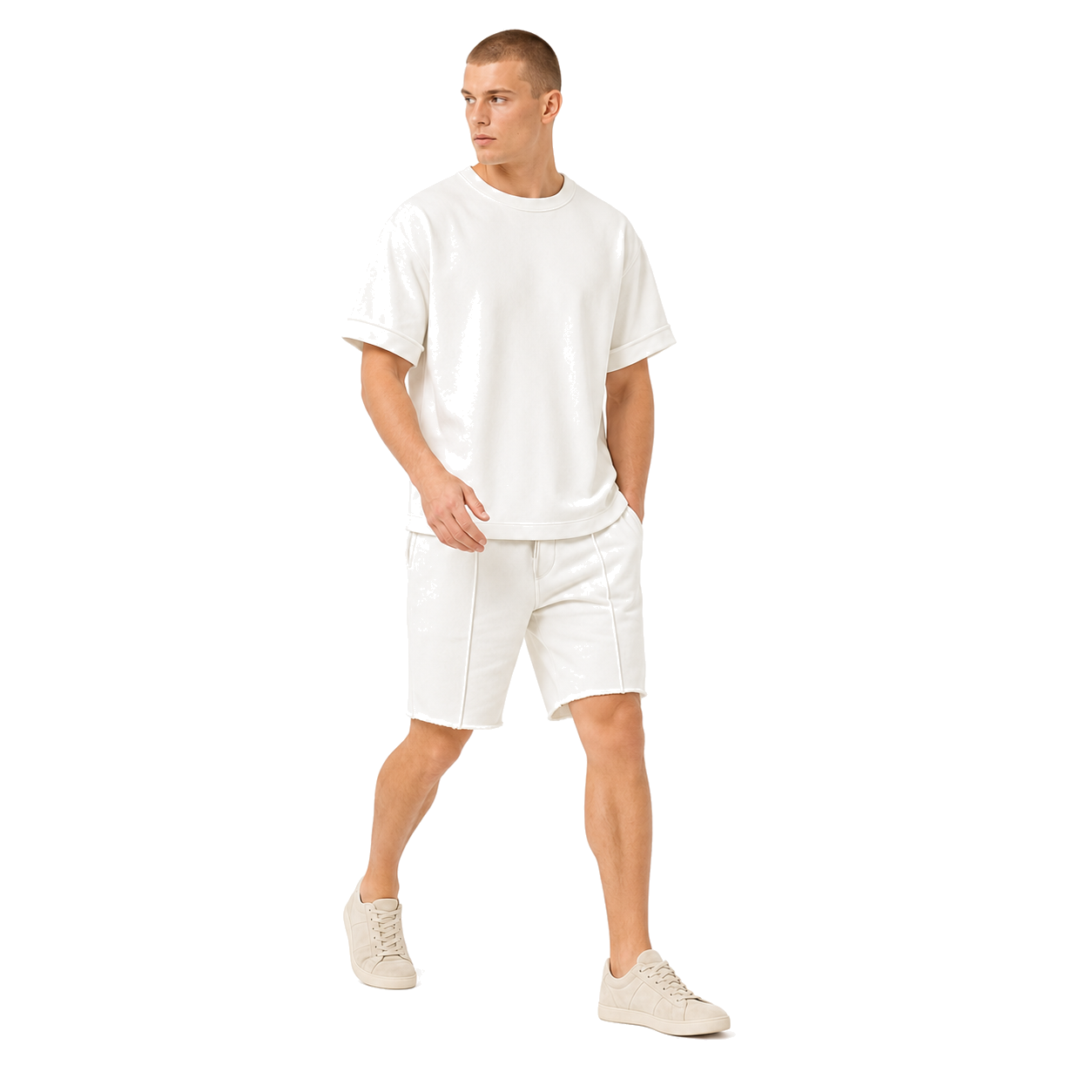 WEELZ off-white cotton T-shirt and shorts set – model look 3