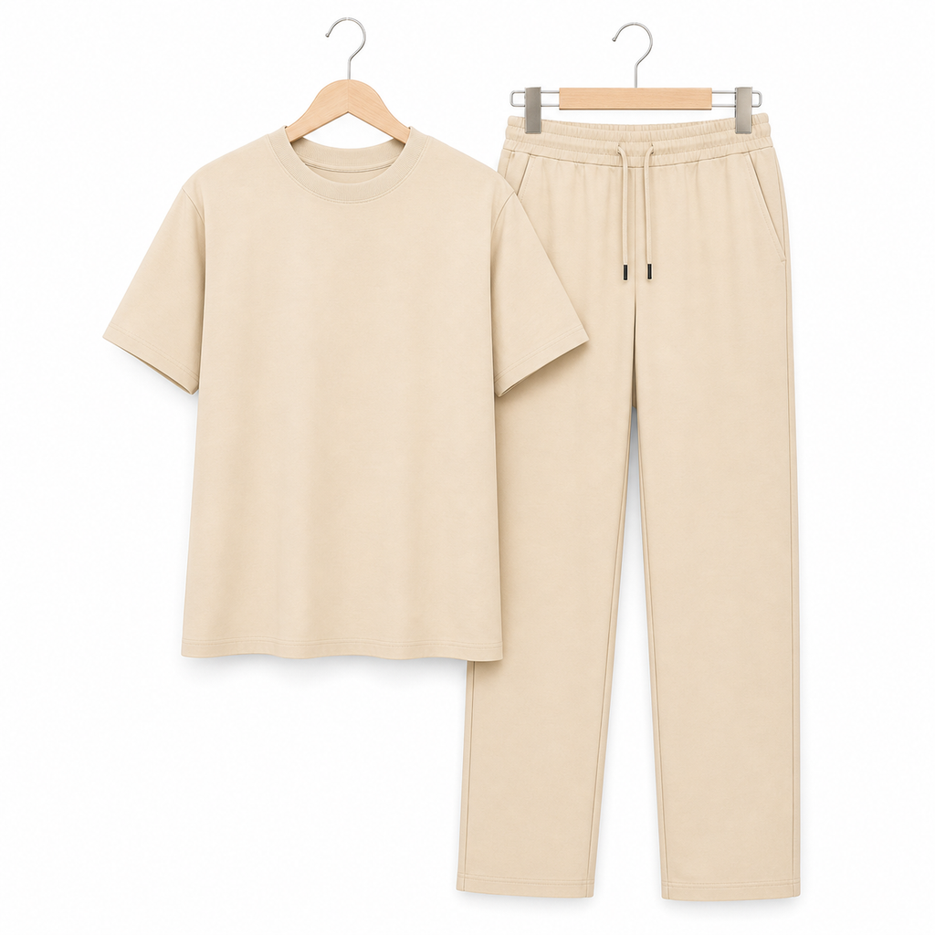 WEELZ melton crew-neck T-shirt and trousers set in Beige — hanger front