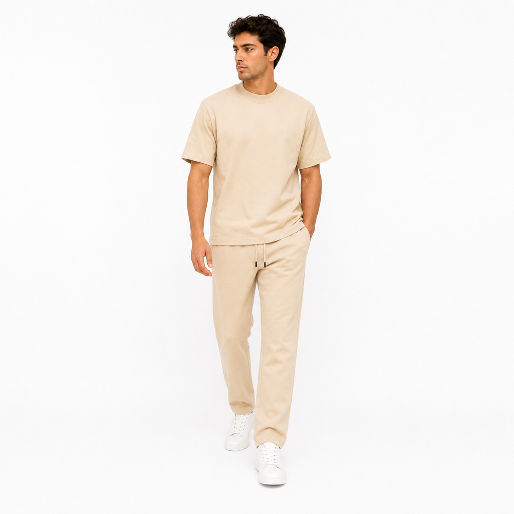 WEELZ melton crew-neck T-shirt and trousers set in Beige — model look 1