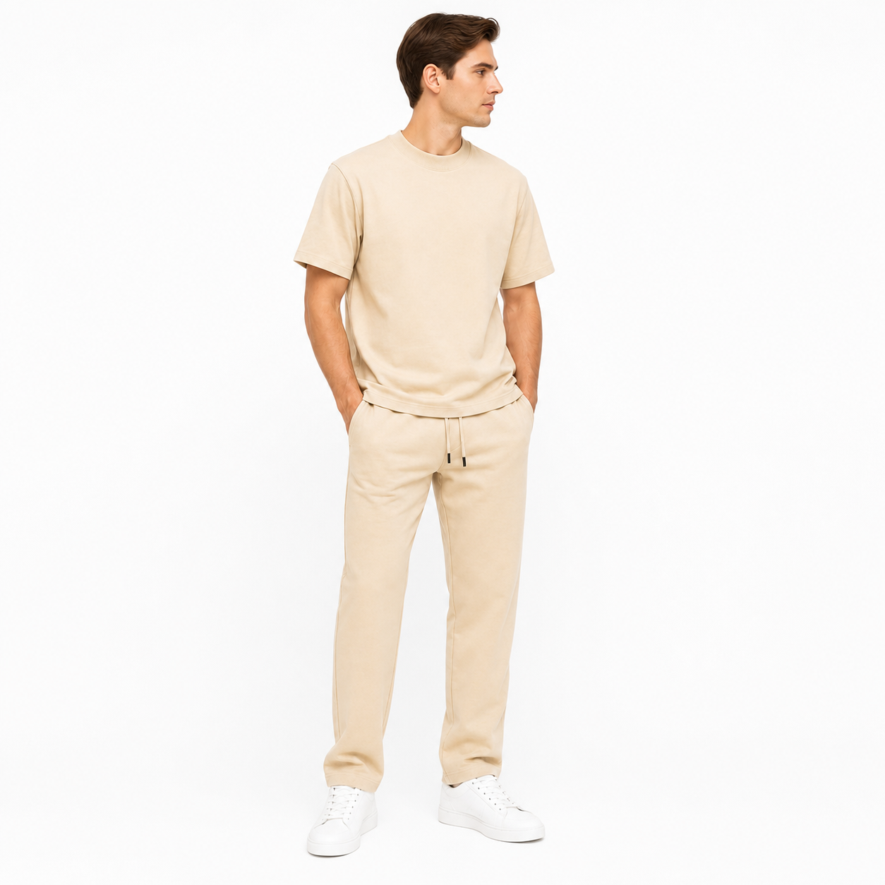 WEELZ melton crew-neck T-shirt and trousers set in Beige — model look 3