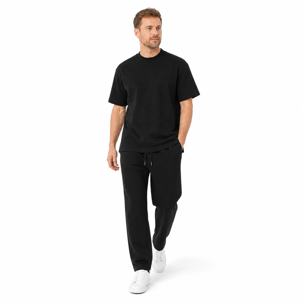 WEELZ melton crew-neck T-shirt and trousers set in Black — model look 3