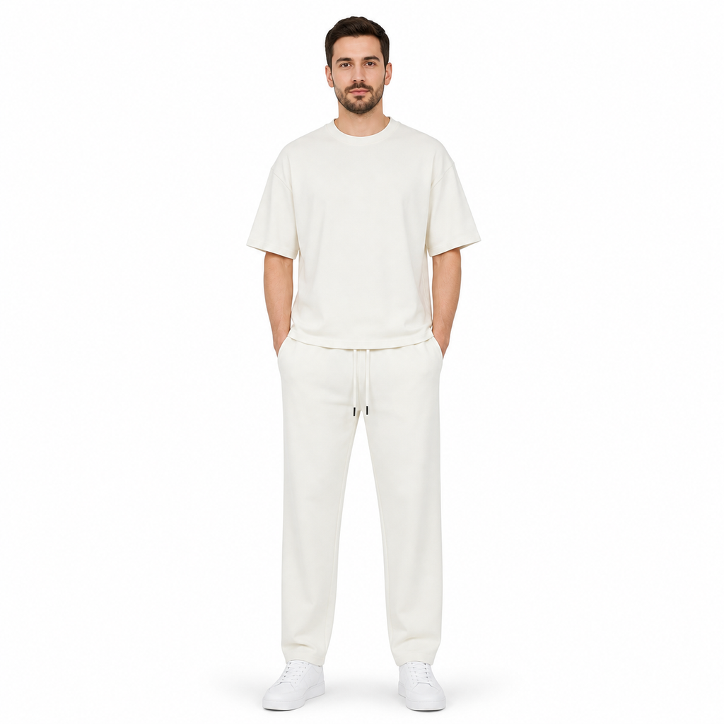 WEELZ melton crew-neck T-shirt and trousers set in Off-White — model look 1