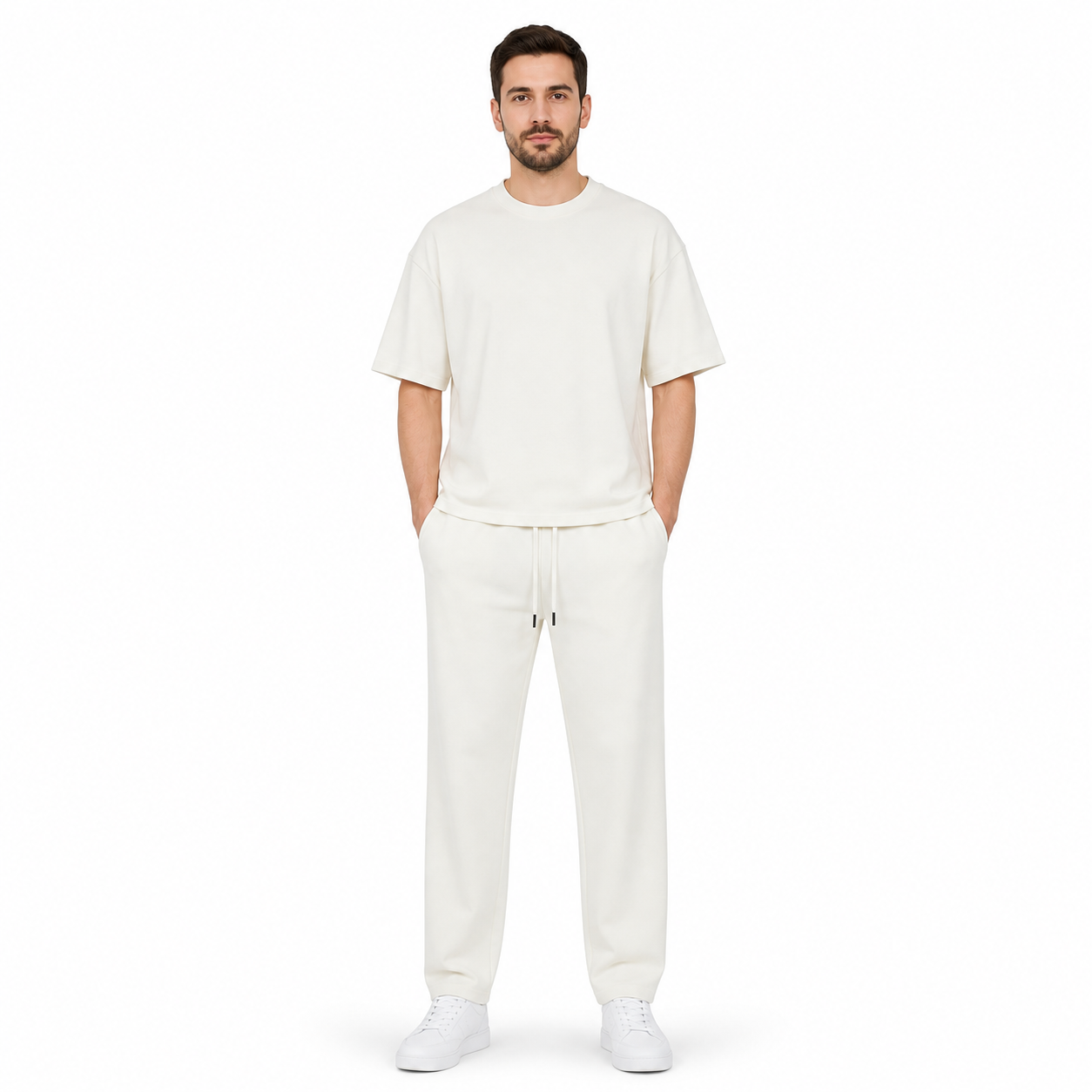WEELZ melton crew-neck T-shirt and trousers set in Off-White — model look 1