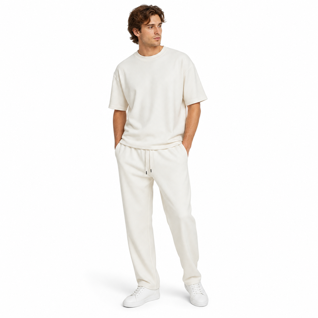 WEELZ melton crew-neck T-shirt and trousers set in Off-White — model look 2