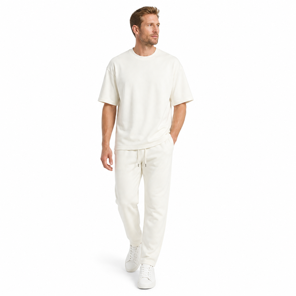 WEELZ melton crew-neck T-shirt and trousers set in Off-White — model look 3