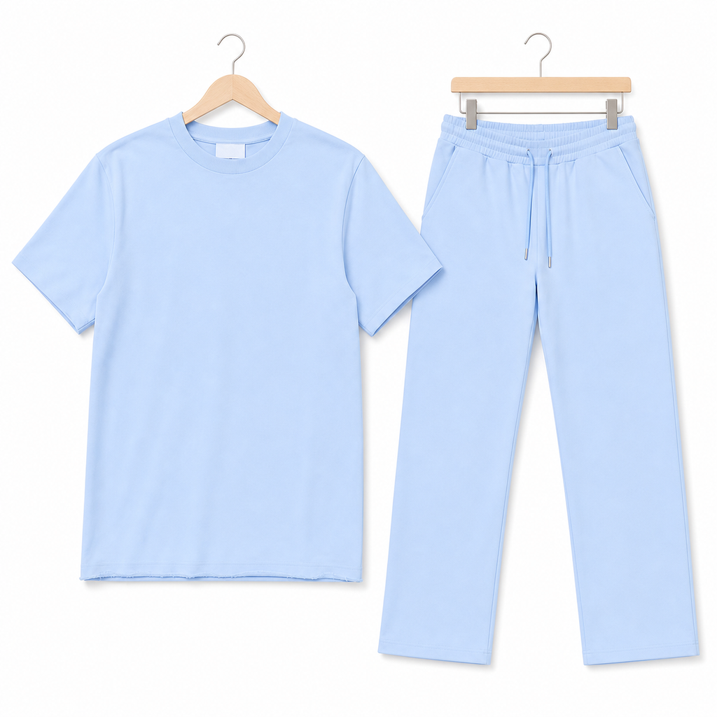 WEELZ melton crew-neck T-shirt and trousers set in Sky Blue — hanger front