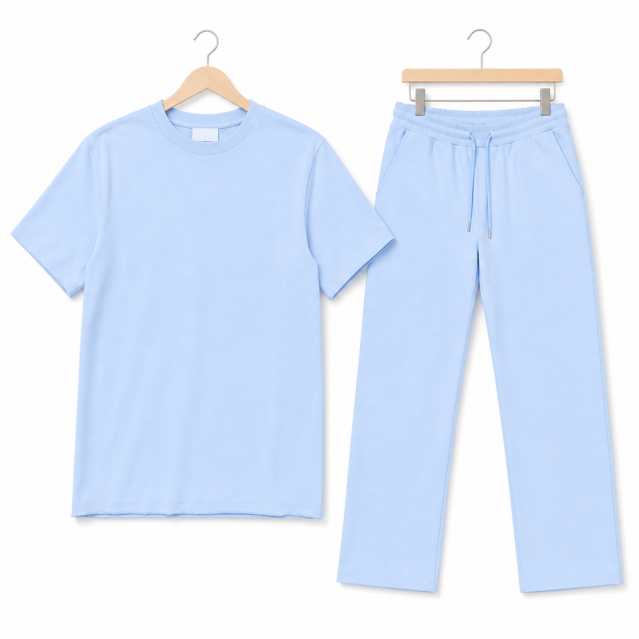 WEELZ melton crew-neck T-shirt and trousers set in Sky Blue — hanger front