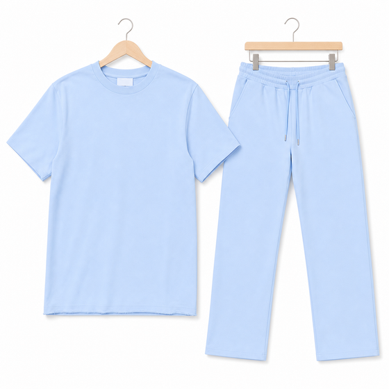 WEELZ melton crew-neck T-shirt and trousers set in Sky Blue — hanger front