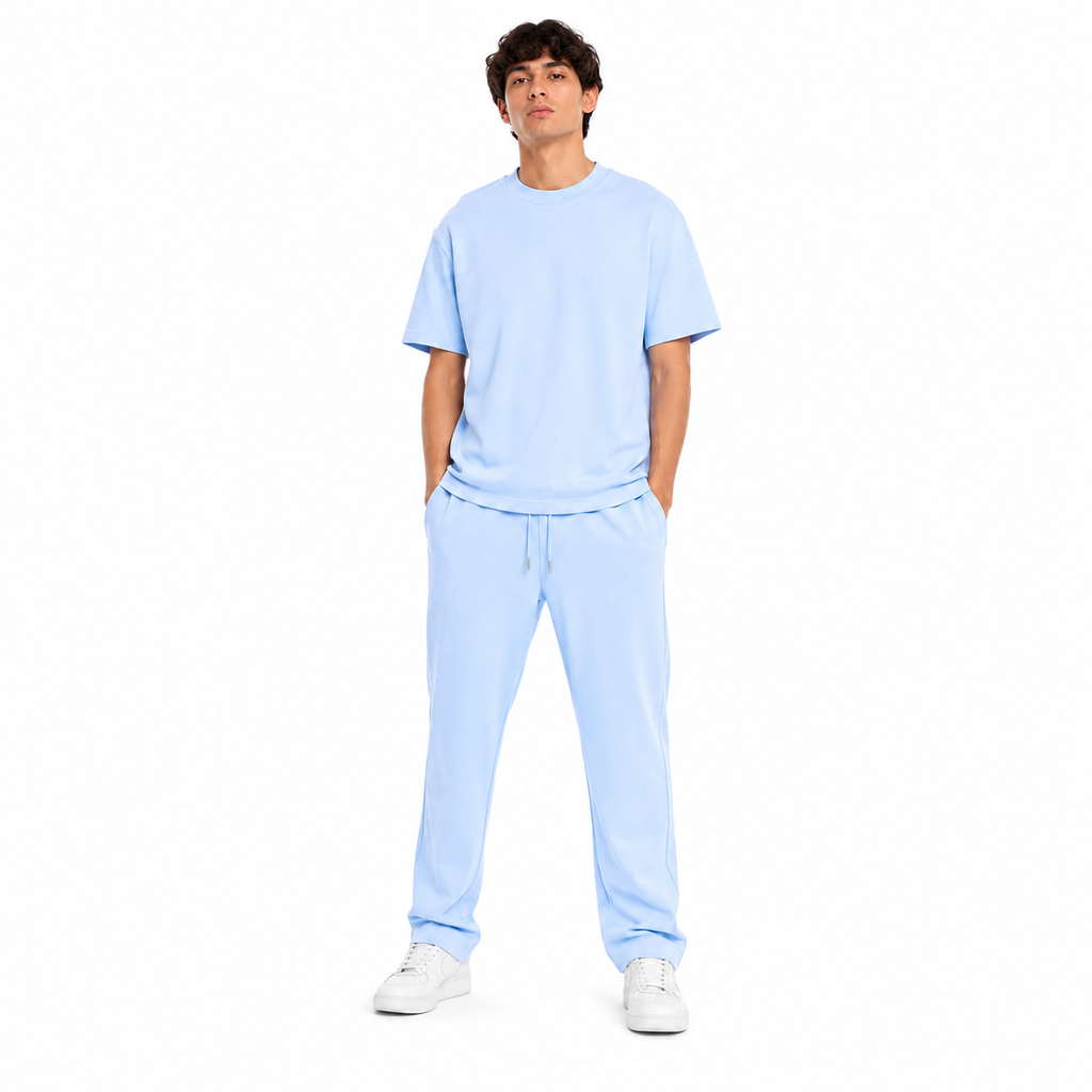 WEELZ melton crew-neck T-shirt and trousers set in Sky Blue — model look 1