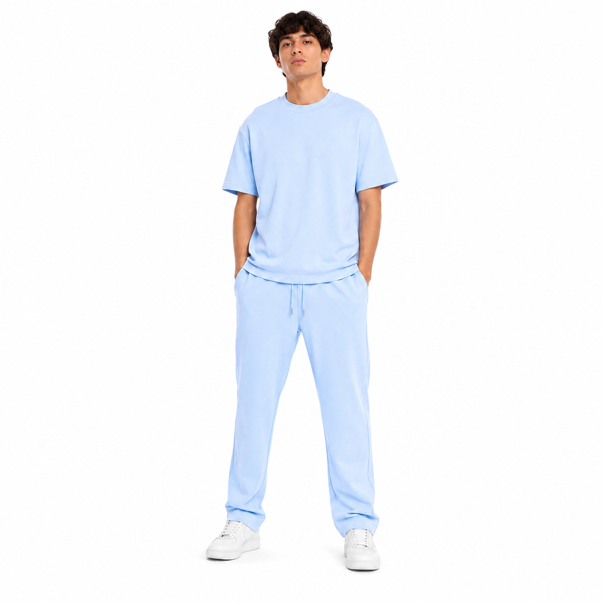 WEELZ melton crew-neck T-shirt and trousers set in Sky Blue — model look 1
