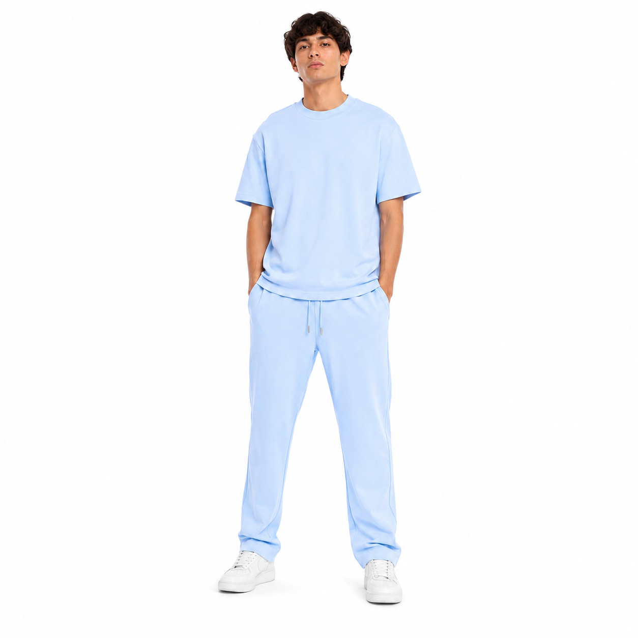 WEELZ melton crew-neck T-shirt and trousers set in Sky Blue — model look 1