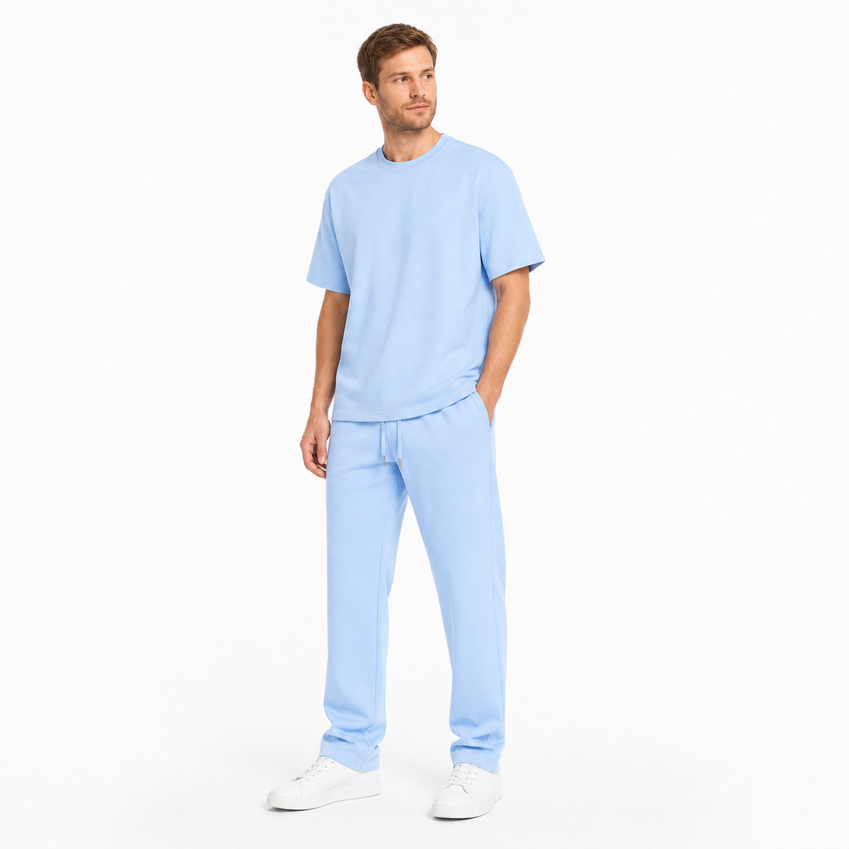 WEELZ melton crew-neck T-shirt and trousers set in Sky Blue — model look 2