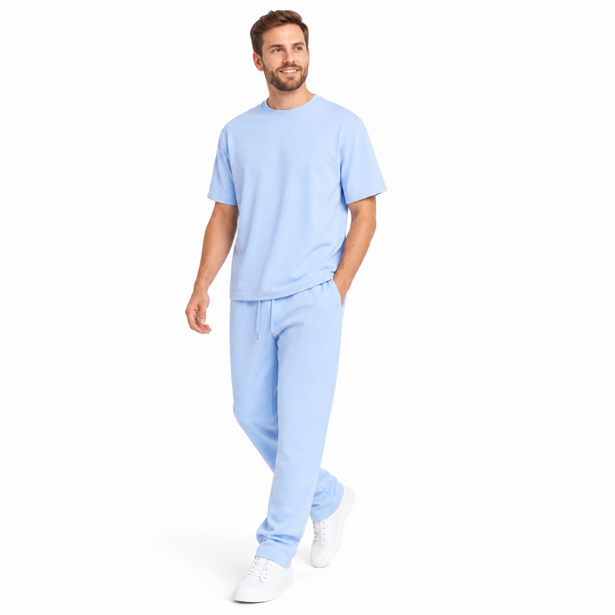 WEELZ melton crew-neck T-shirt and trousers set in Sky Blue — model look 3