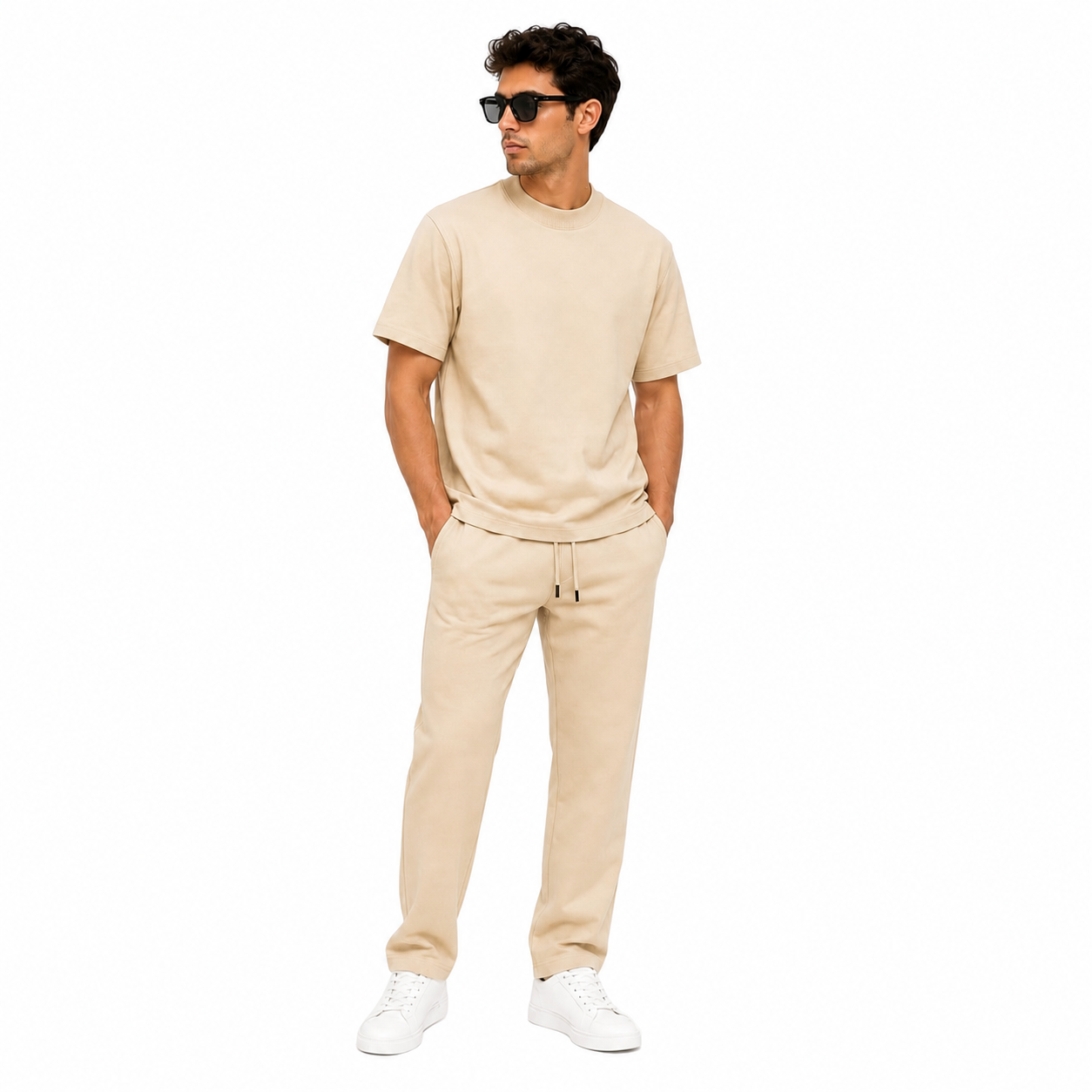 WEELZ Cotton Crew-Neck T-Shirt & Pants Set - Beige - view 1