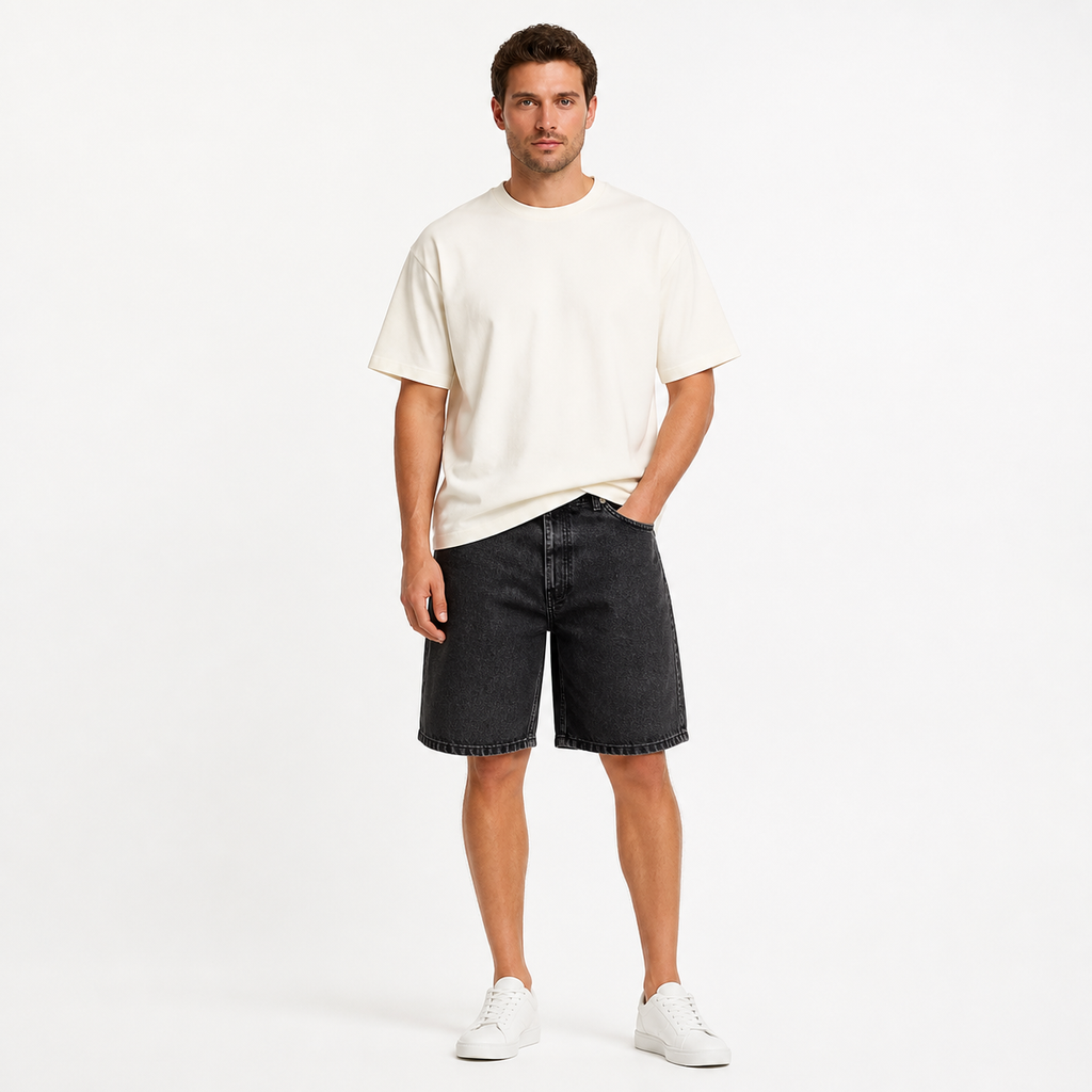 WEELZ Relaxed-Fit Denim Shorts — Black styled model view 1