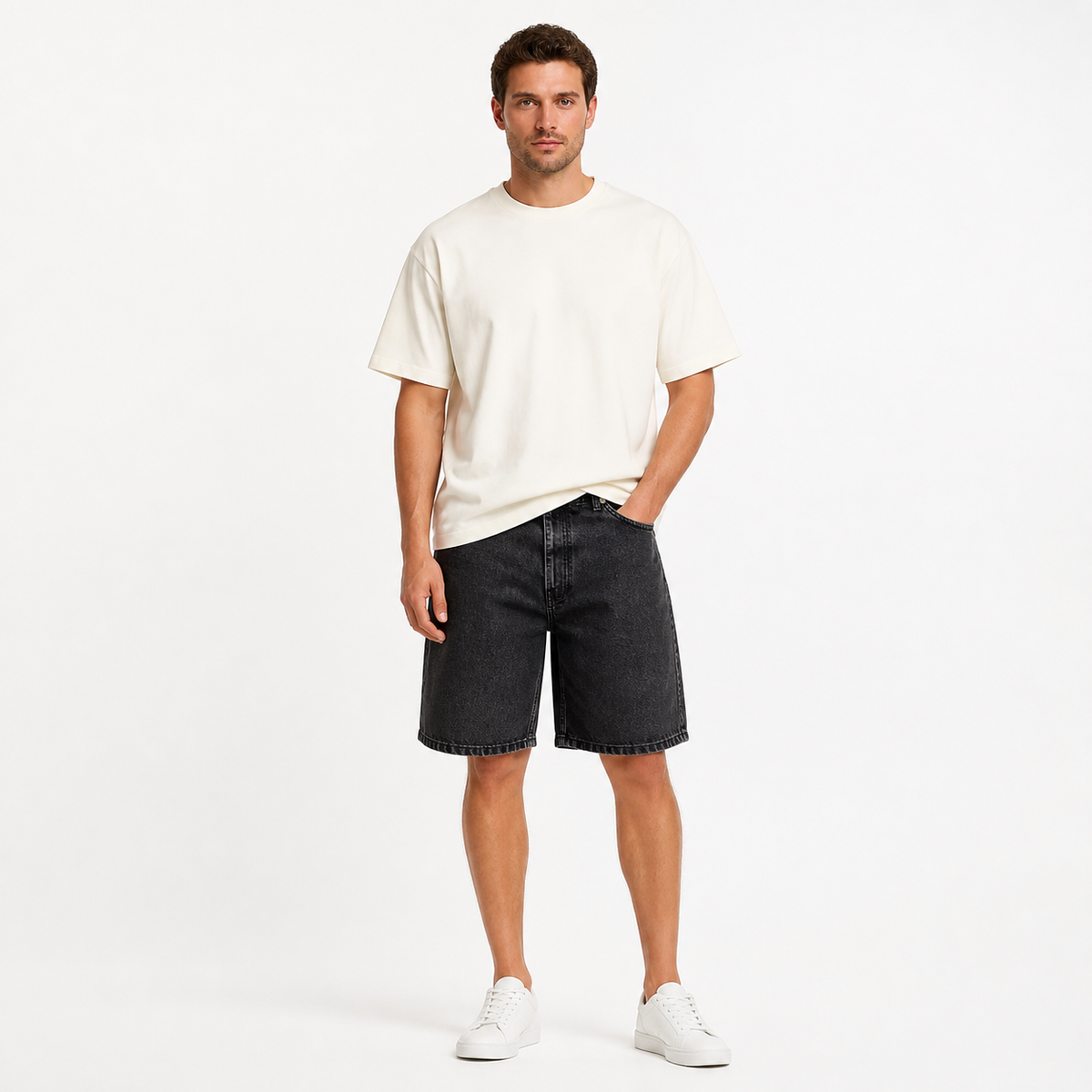 WEELZ Relaxed-Fit Denim Shorts — Black styled model view 1