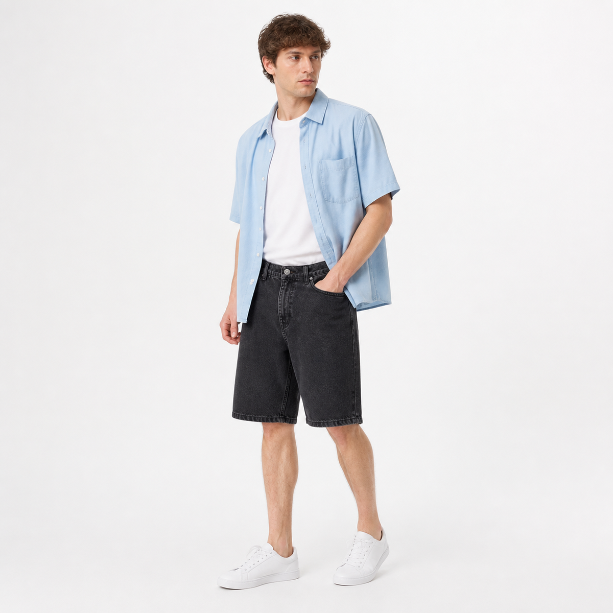 WEELZ Relaxed-Fit Denim Shorts — Black styled model view 2
