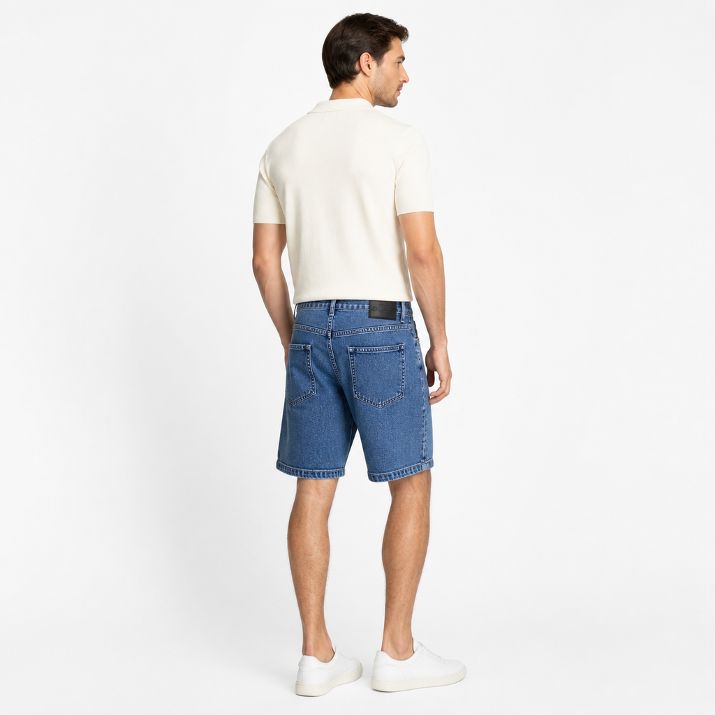 WEELZ Relaxed-Fit Denim Shorts in Classic Blue — model back