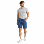 WEELZ Relaxed-Fit Denim Shorts in Classic Blue — model side
