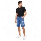 WEELZ Relaxed-Fit Distressed Denim Shorts — Mid Blue styled model view 2