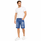 WEELZ Relaxed-Fit Distressed Denim Shorts — Mid Blue styled model view 3
