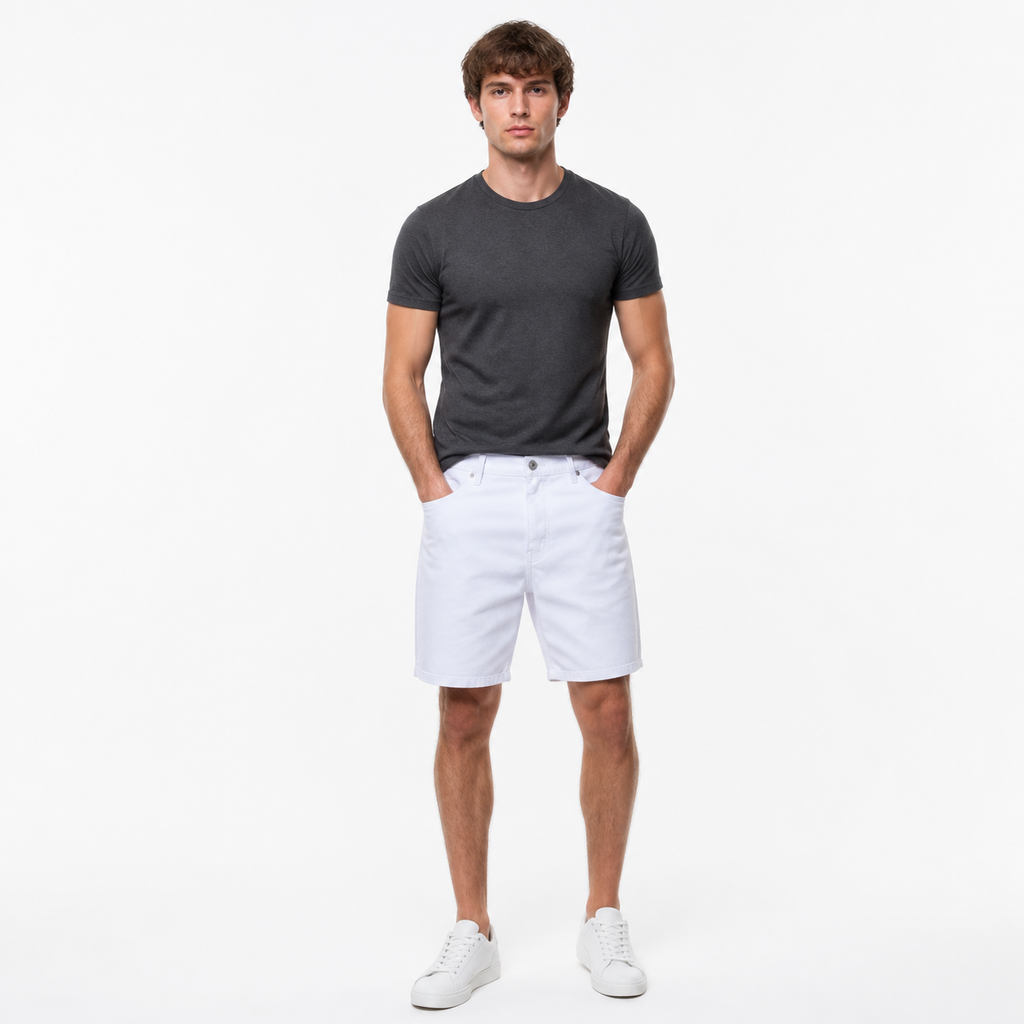 WEELZ Relaxed-Fit Denim Shorts — White styled model view 1