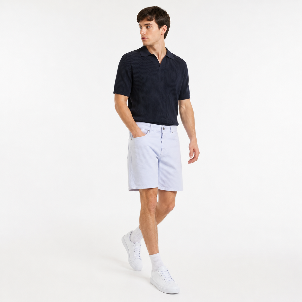 WEELZ Relaxed-Fit Denim Shorts — White styled model view 3