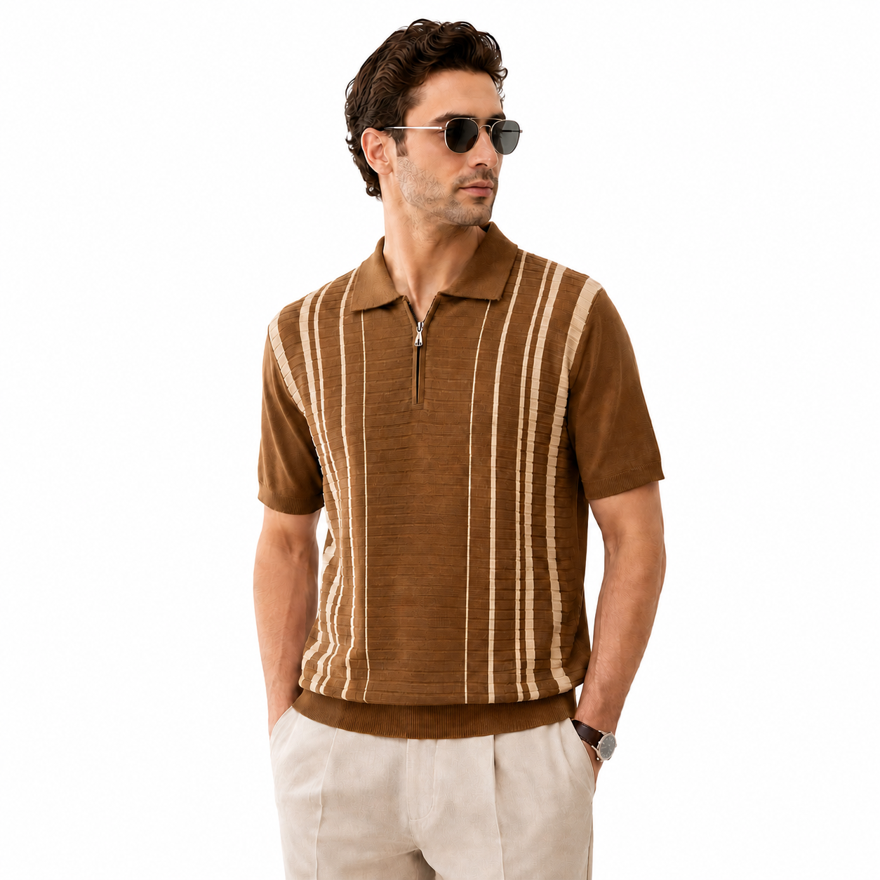 WEELZ Fine Stripe Zip Knit Polo - Brown - view 2
