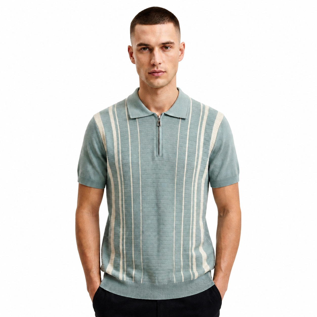 WEELZ Fine Stripe Zip Knit Polo - Mint - view 3